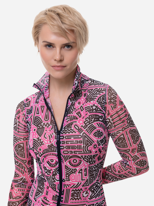 Слитный купальник с рукавом и молнией Rodasoleil "Doodling Fucsia" 
