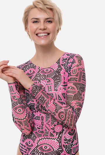 Слитный купальник с рукавом Rodasoleil "Doodling Fucsia" 