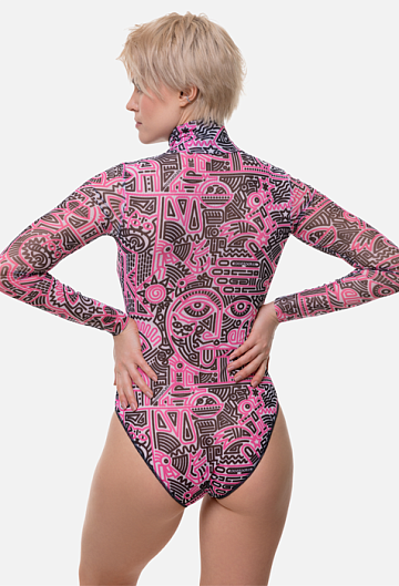 Слитный купальник с рукавом и молнией Rodasoleil "Doodling Fucsia" 