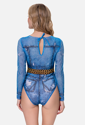 Слитный купальник с рукавом Rodasoleil "Джинс" 